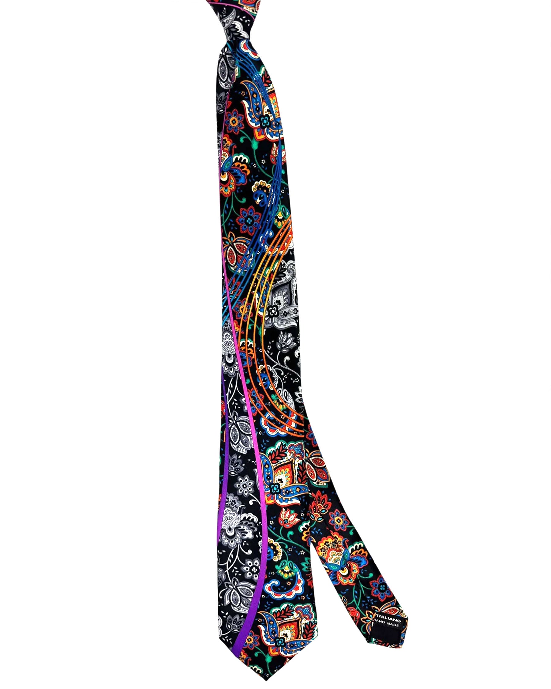Vitaliano Pancaldi Silk Tie Black With Vibrant Multicolor Paisley Pattern