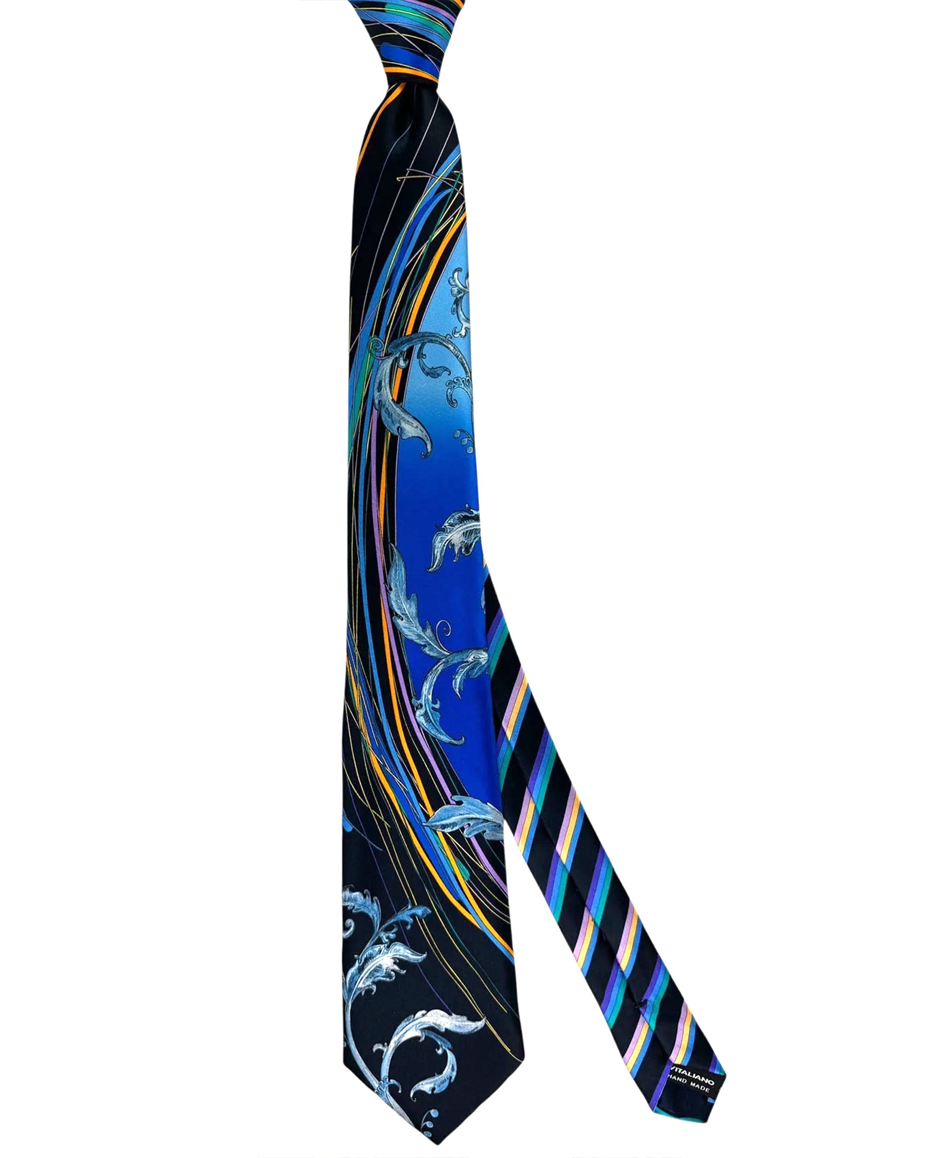 Vitaliano Pancaldi Silk Tie Black With Blue Scrollwork And Multicolor Stripes