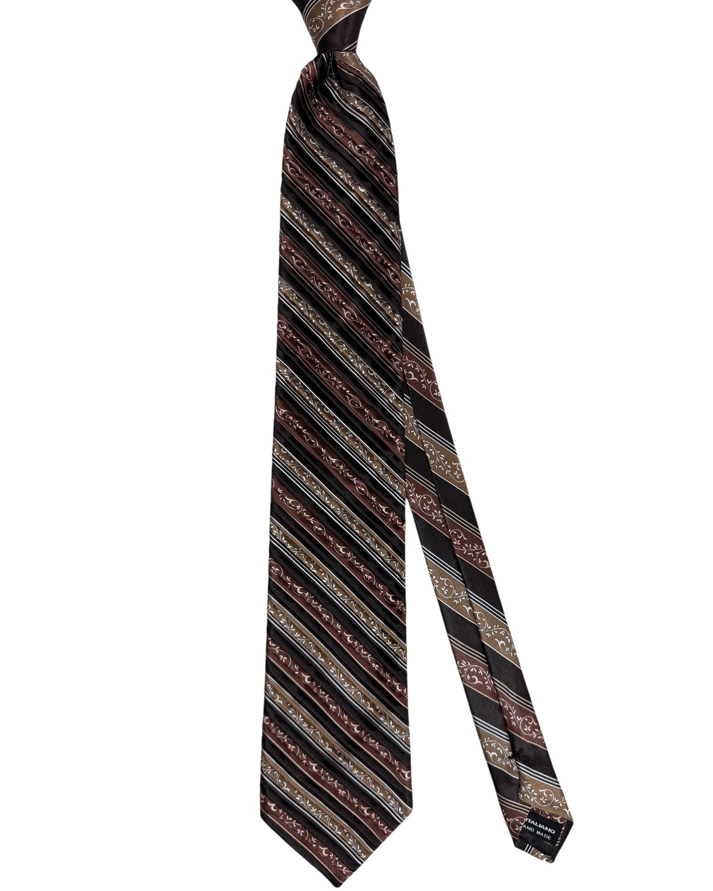 Vitaliano Pancaldi Pleated Silk Tie Brown Black Ornamental Stripes