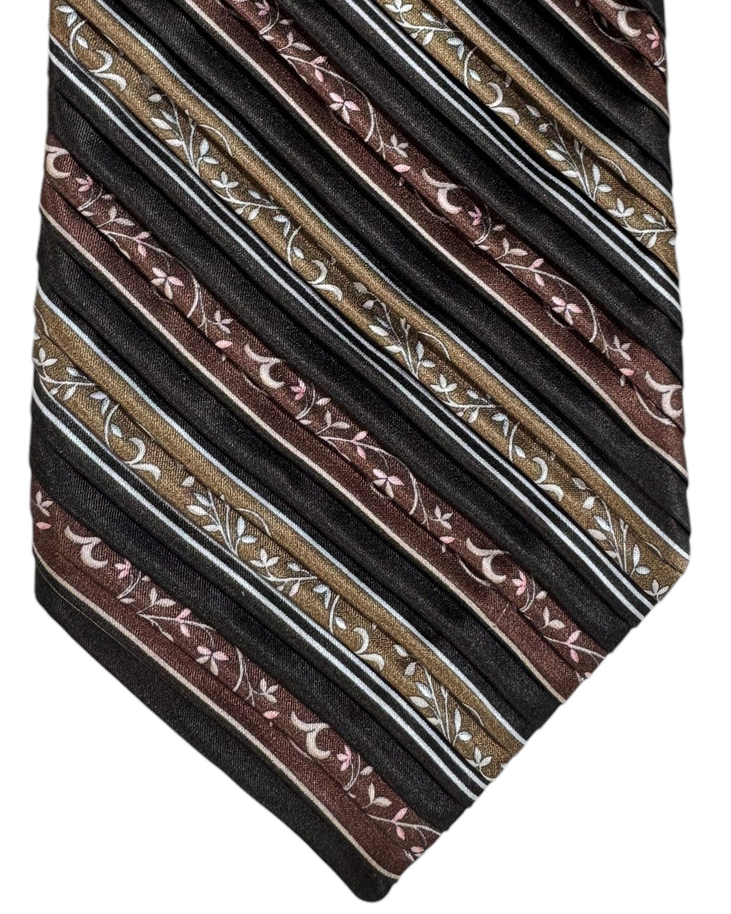 Vitaliano Pancaldi Pleated Silk Tie Brown Black Ornamental Stripes
