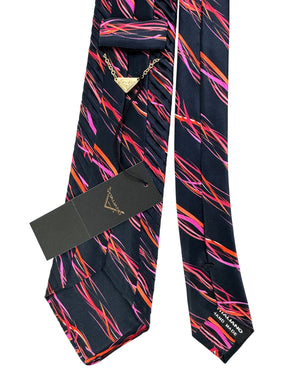 Vitaliano Pancaldi Pleated Silk Tie Black Red Orange Purple Swirly Stripes