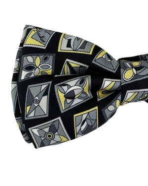 Emilio Pucci Silk Bow Tie Gray Black Yellow Geometric Flowers - Pre-Tied Bowtie