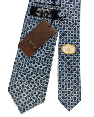 Stefano Ricci Tie Dark Blue Tie With Gray Geometric Chain Pattern