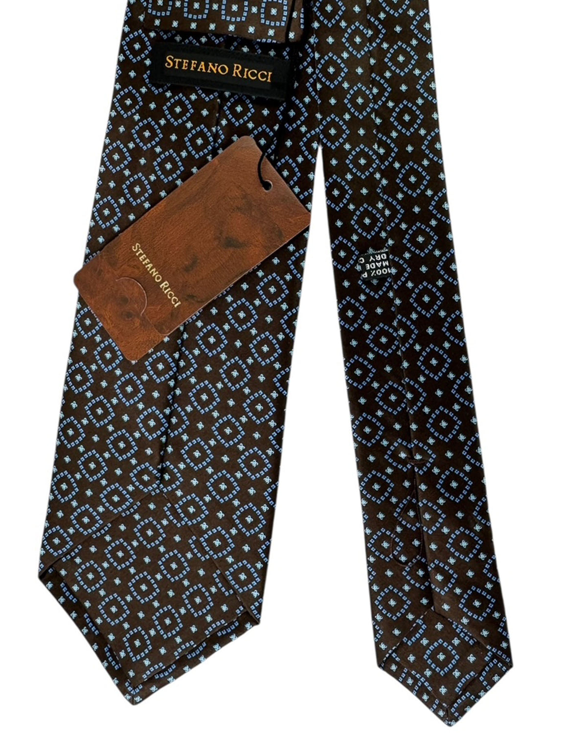 Stefano Ricci Pleated Silk Tie Brown Blue Diamond Pattern