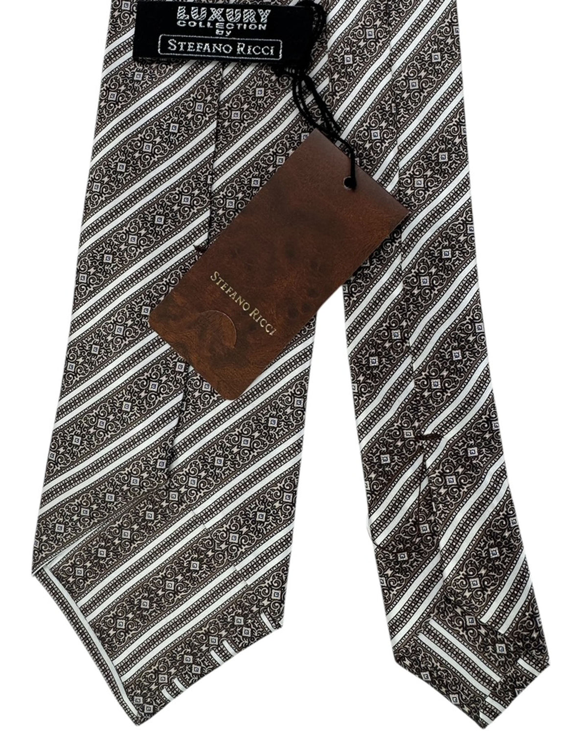 Stefano Ricci Tie  Black And Taupe Stripe With Scrollwork