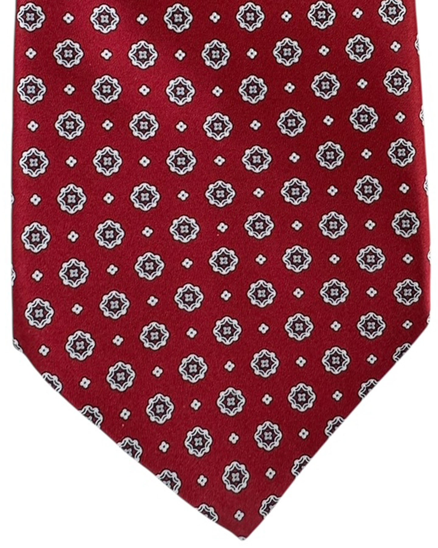 Stefano Ricci Pleated Silk Tie Red Bordeaux White Medallion Pattern