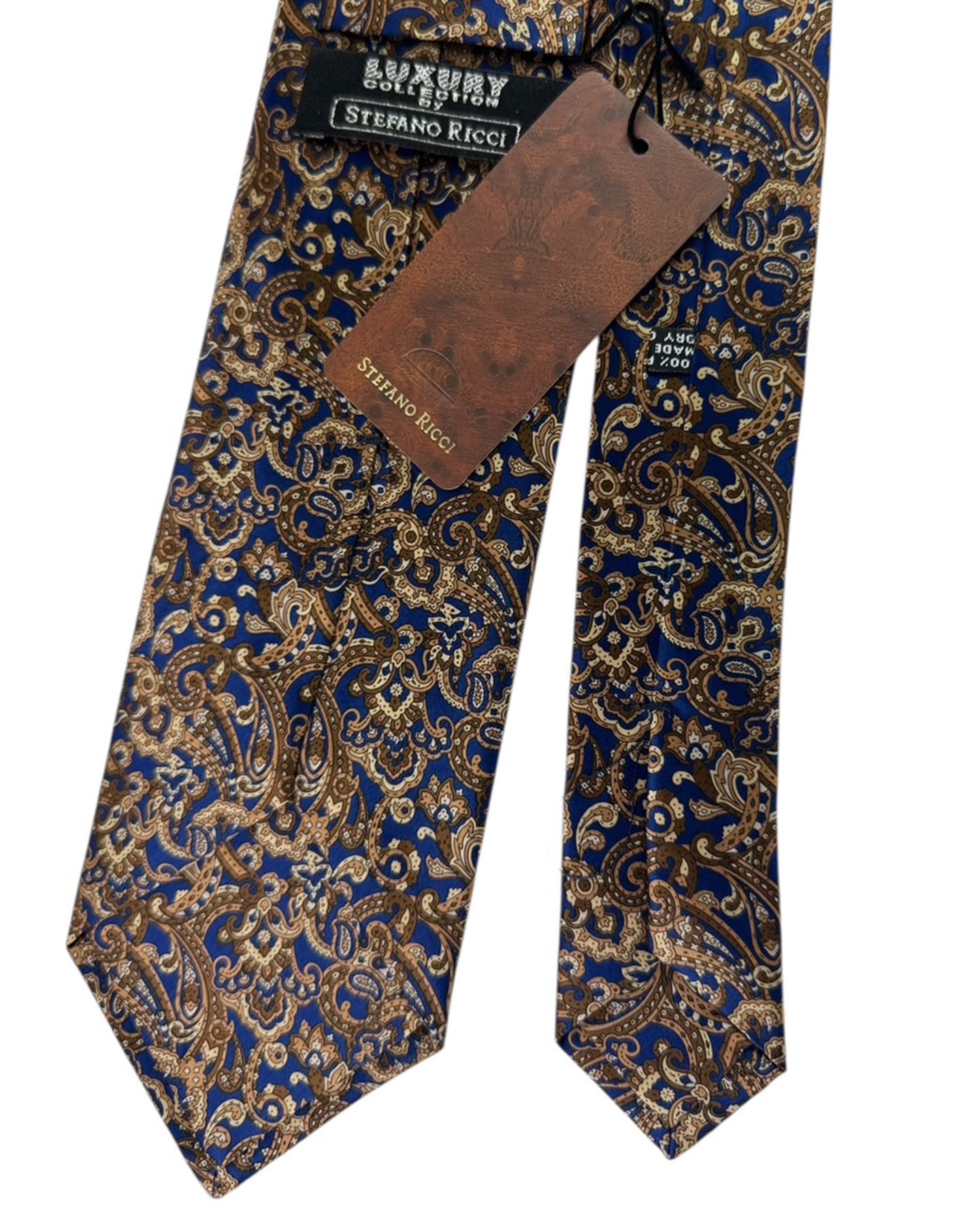 Stefano Ricci Silk Tie Midnight Blue Brown Paisley Floral Pattern