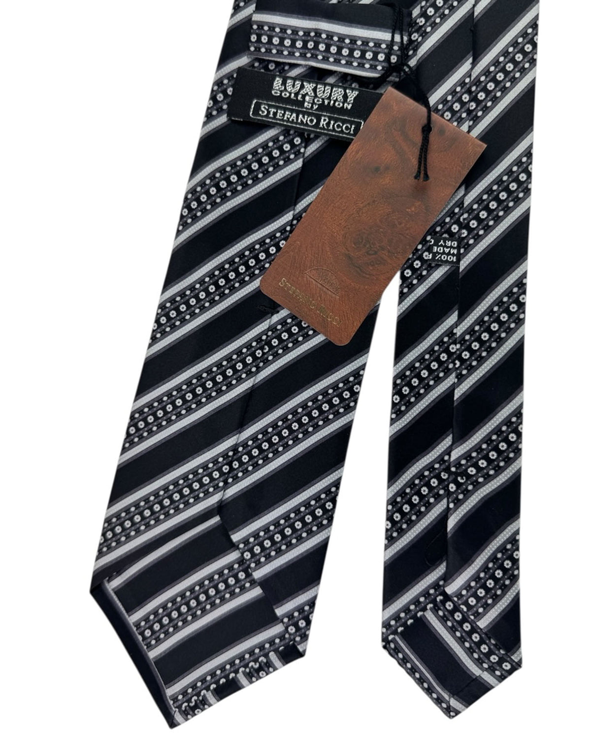 Stefano Ricci Silk Tie Black Grey Floral Stripe Pattern