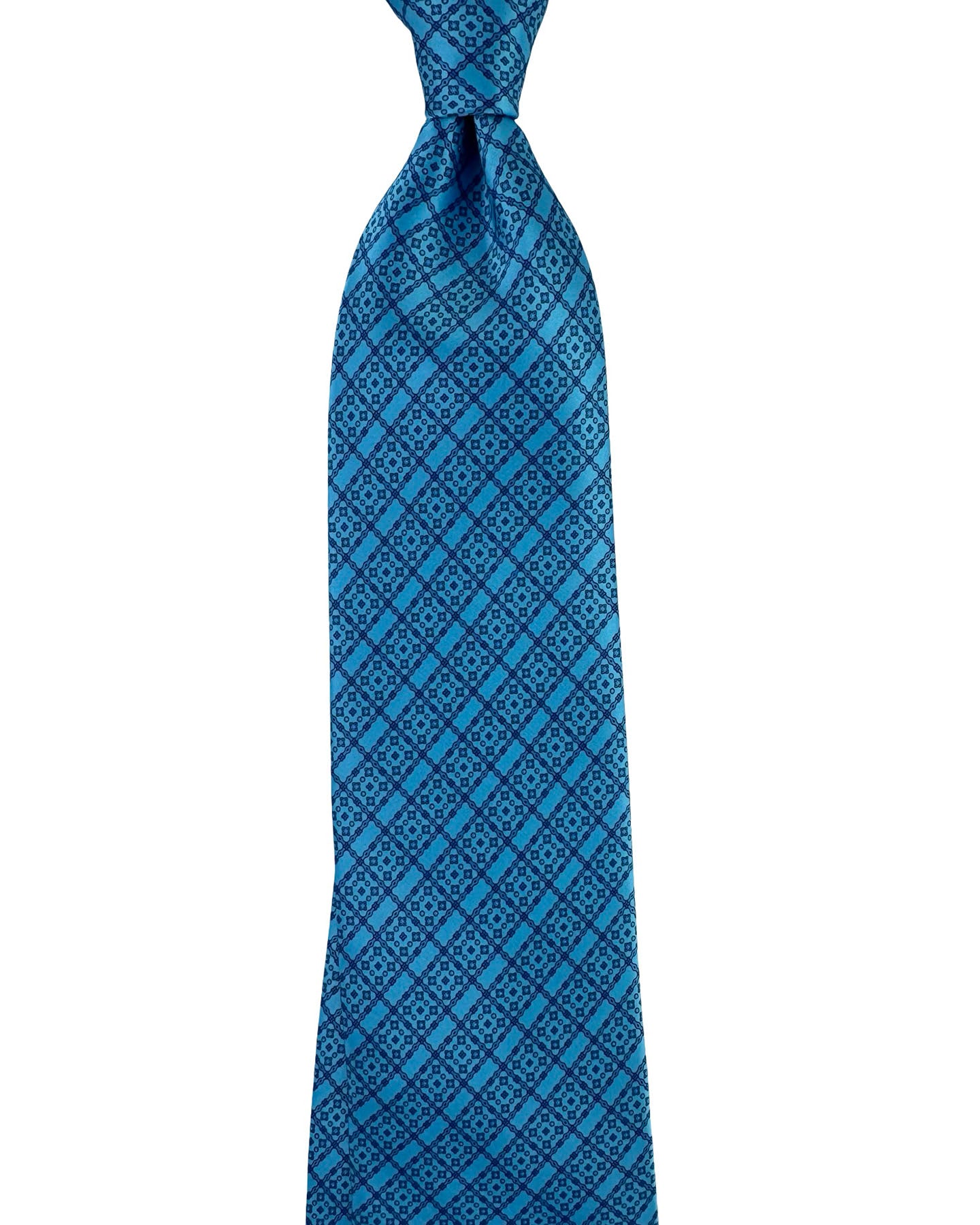Stefano Ricci Silk Tie Aqua Blue Navy Medallion Grid Pattern
