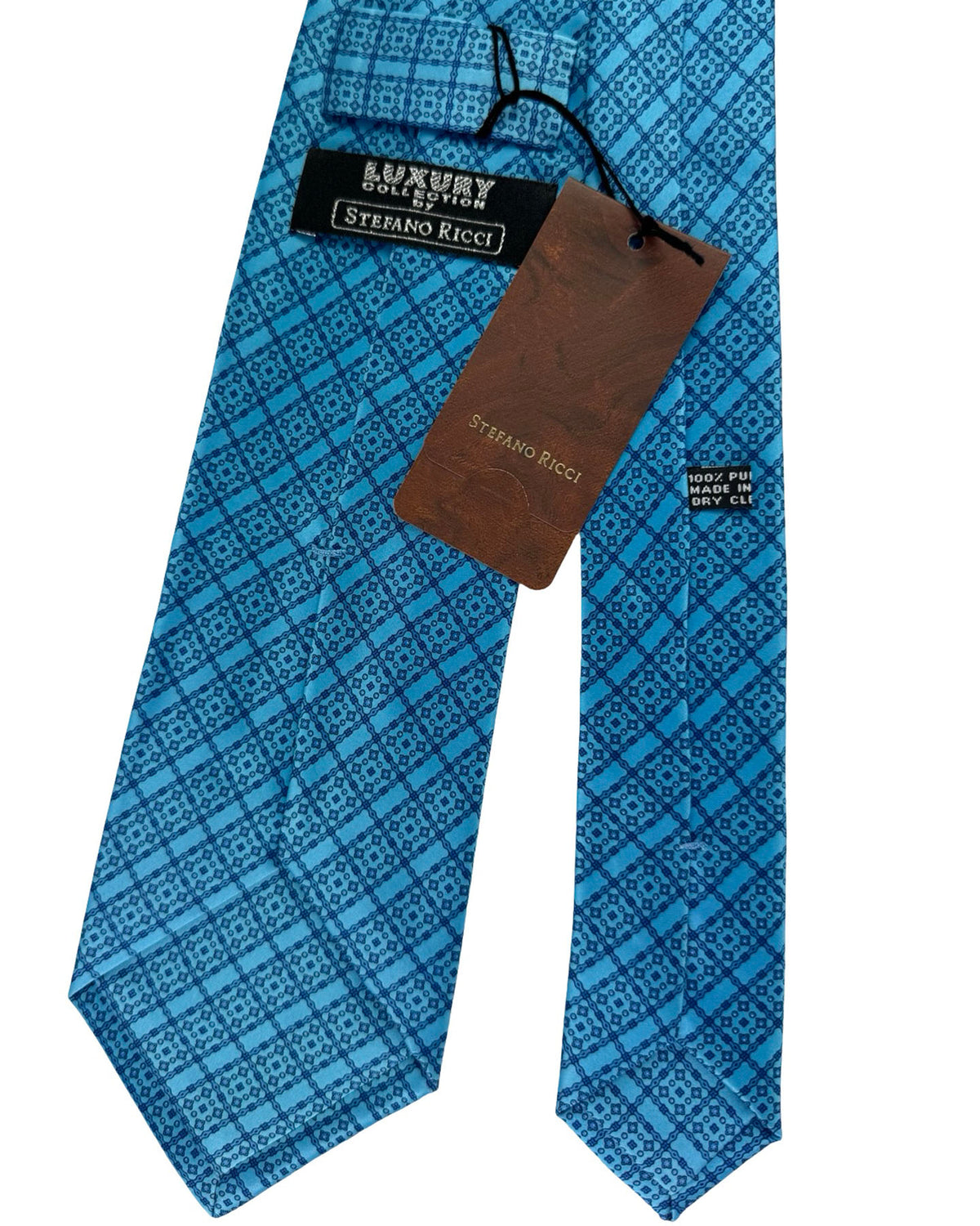 Stefano Ricci Silk Tie Sky Blue Navy Medallion Grid Pattern