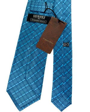 Stefano Ricci Silk Tie Sky Blue Navy Medallion Grid Pattern