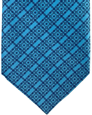 Stefano Ricci Silk Tie Aqua Blue Navy Medallion Grid Pattern