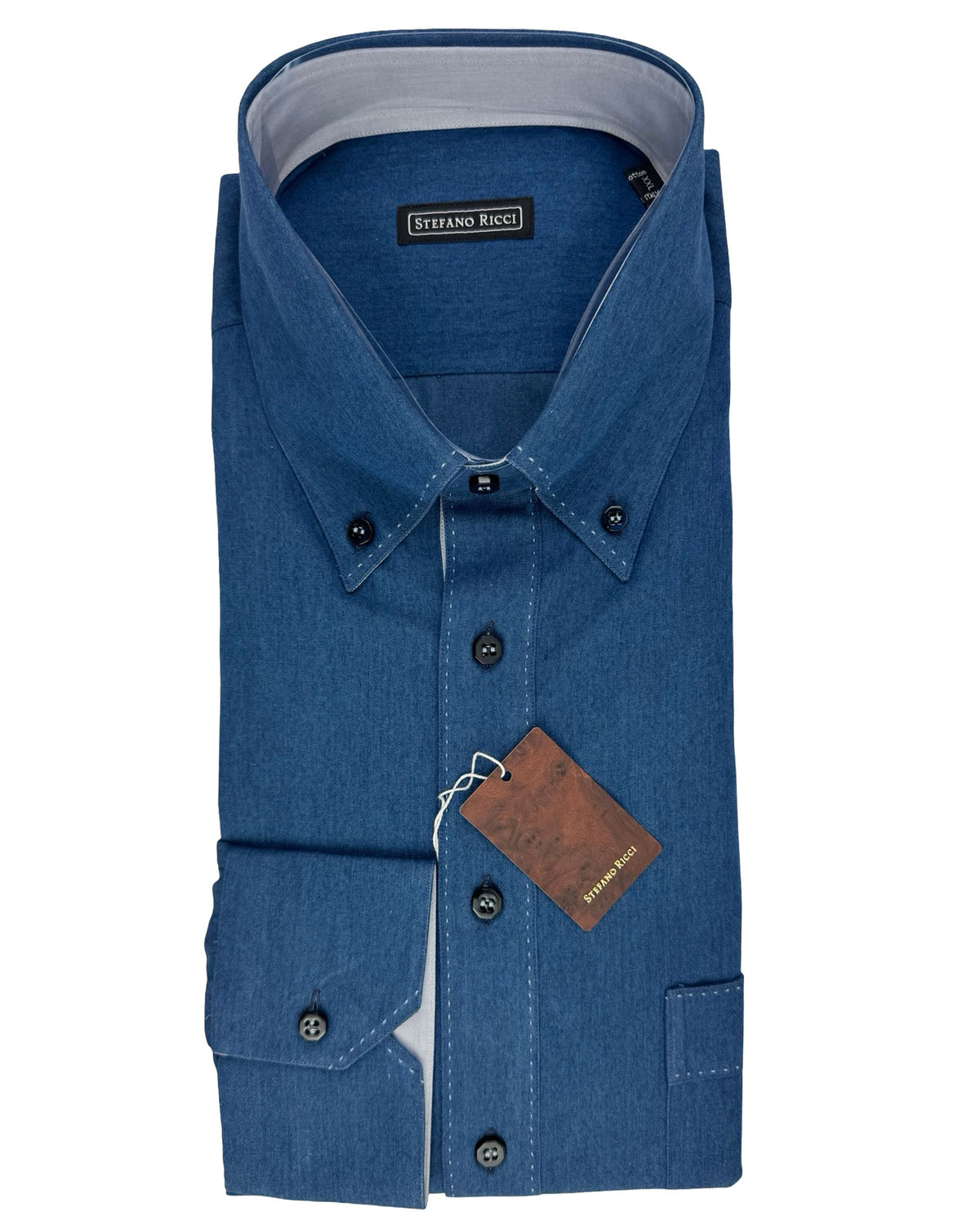 Stefano Ricci Denim Sport Shirt Dark Blue Button Down Collar