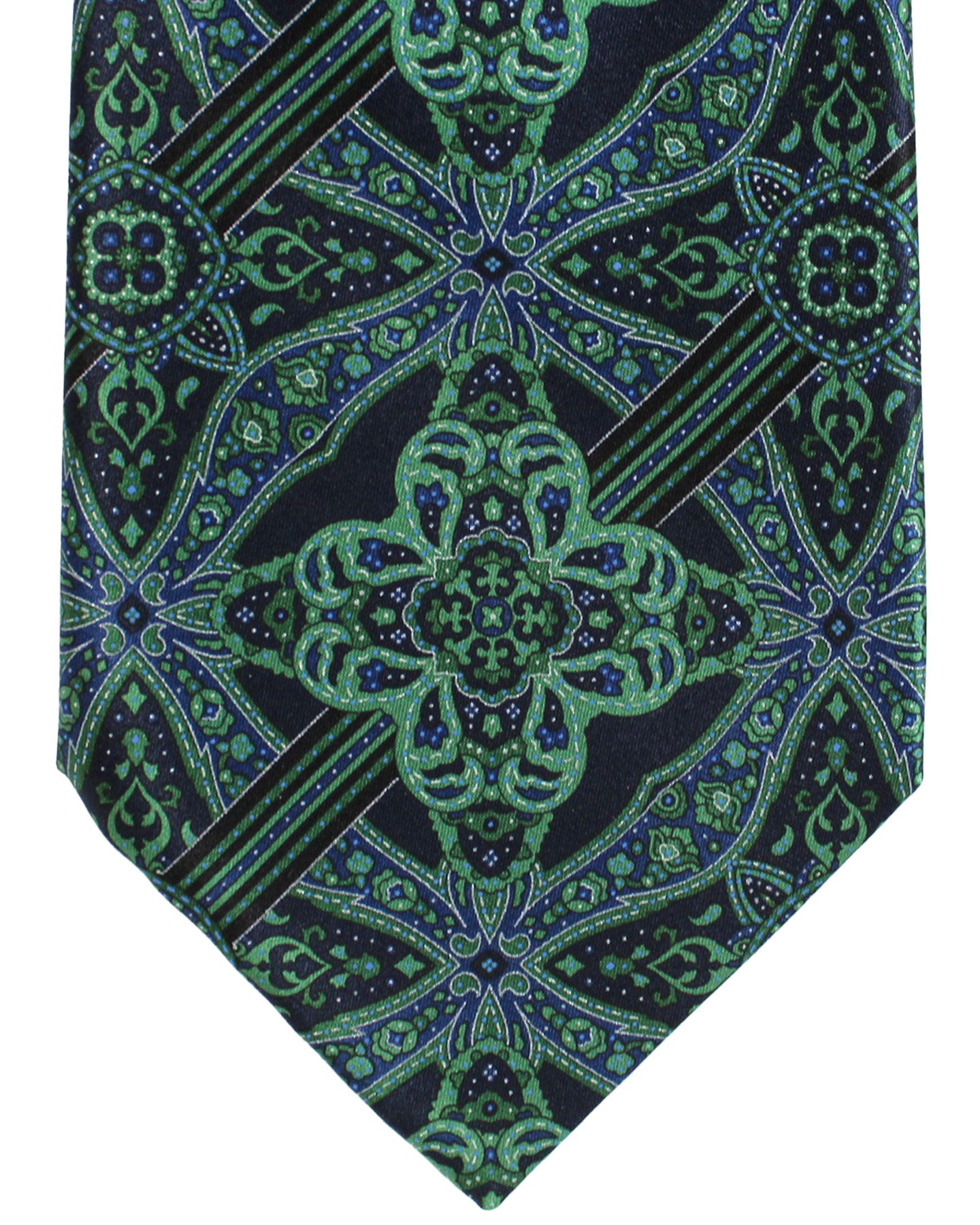 Stefano Ricci Silk Tie Dark Green Silver Stripes Medallions