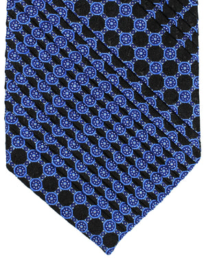 Stefano Ricci Pleated Silk Tie Black Royal Blue Medallions Design