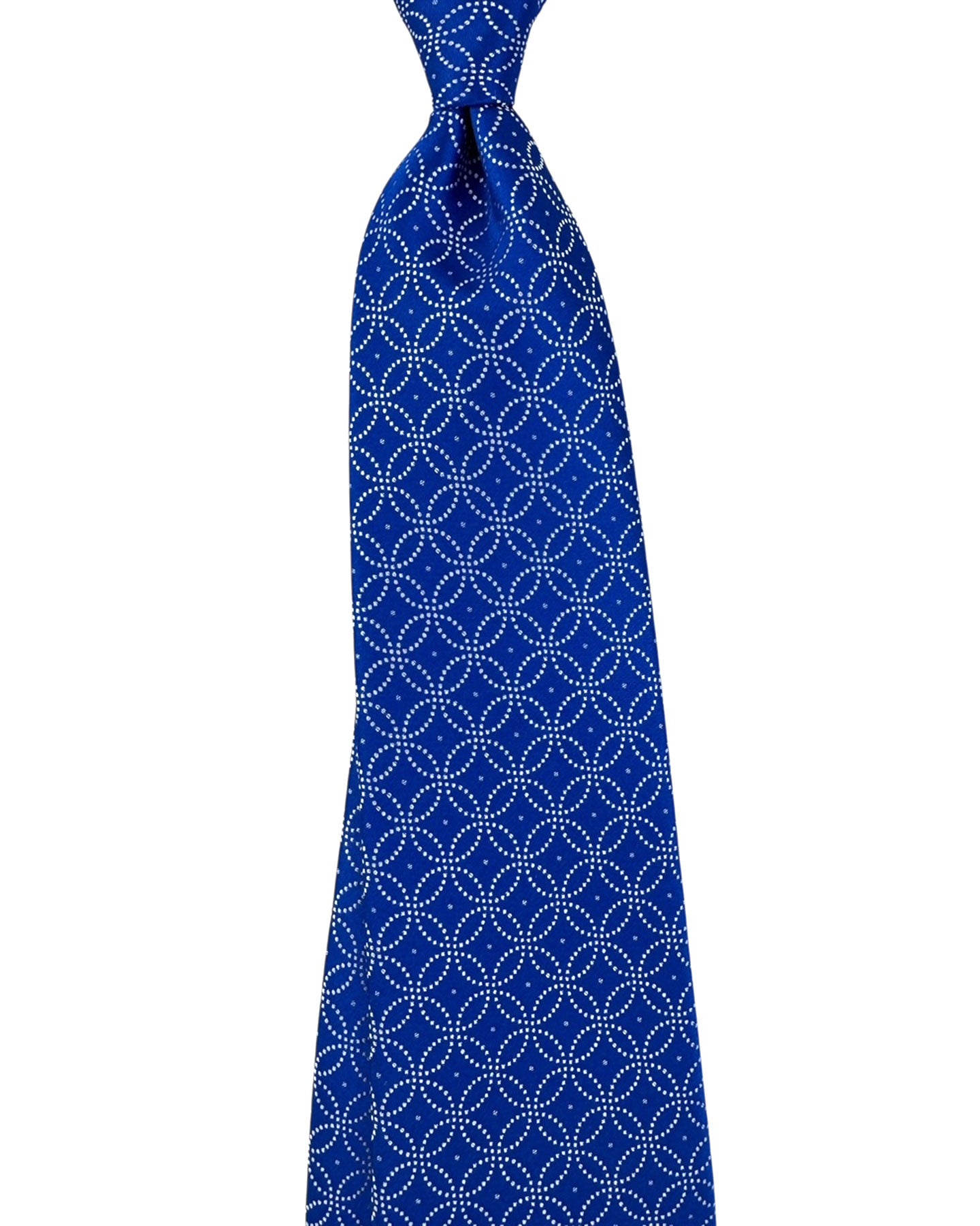 Blue tie with white geometric pattern on a white background