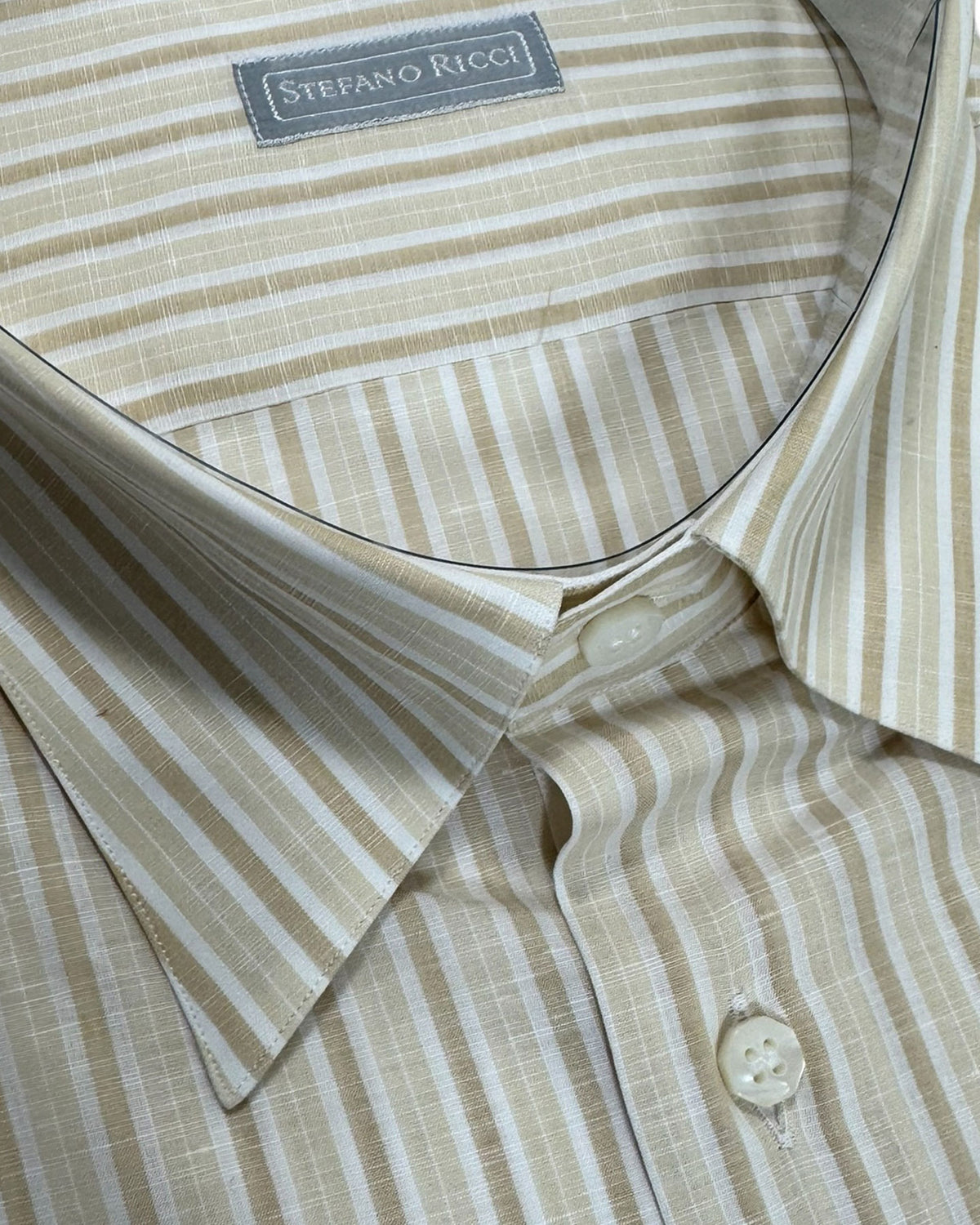 Stefano Ricci Shirt Beige Stripes 44 - 17 1/2 Cotton Linen SALE
