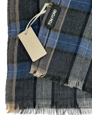 Tom Ford Cashmere Scarf Gray Black Royal blue Check Plaid