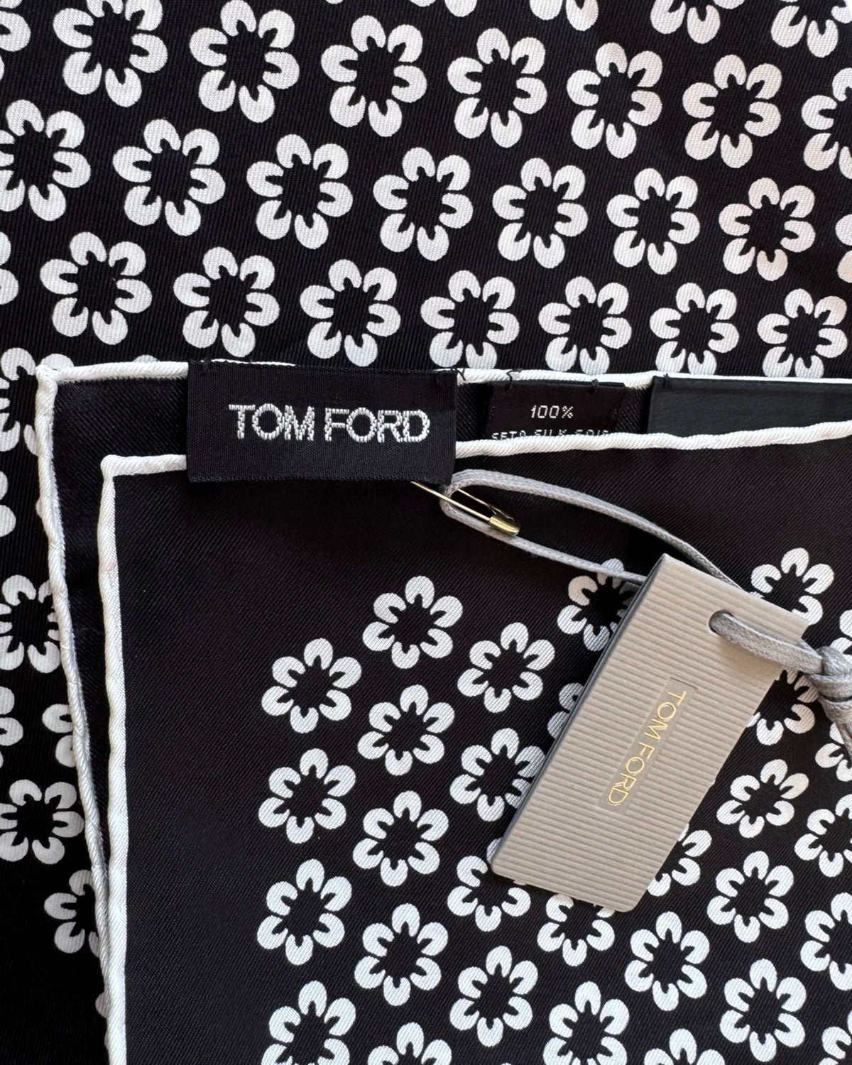Tom Ford Silk Pocket Square Black and White Floral Repeat