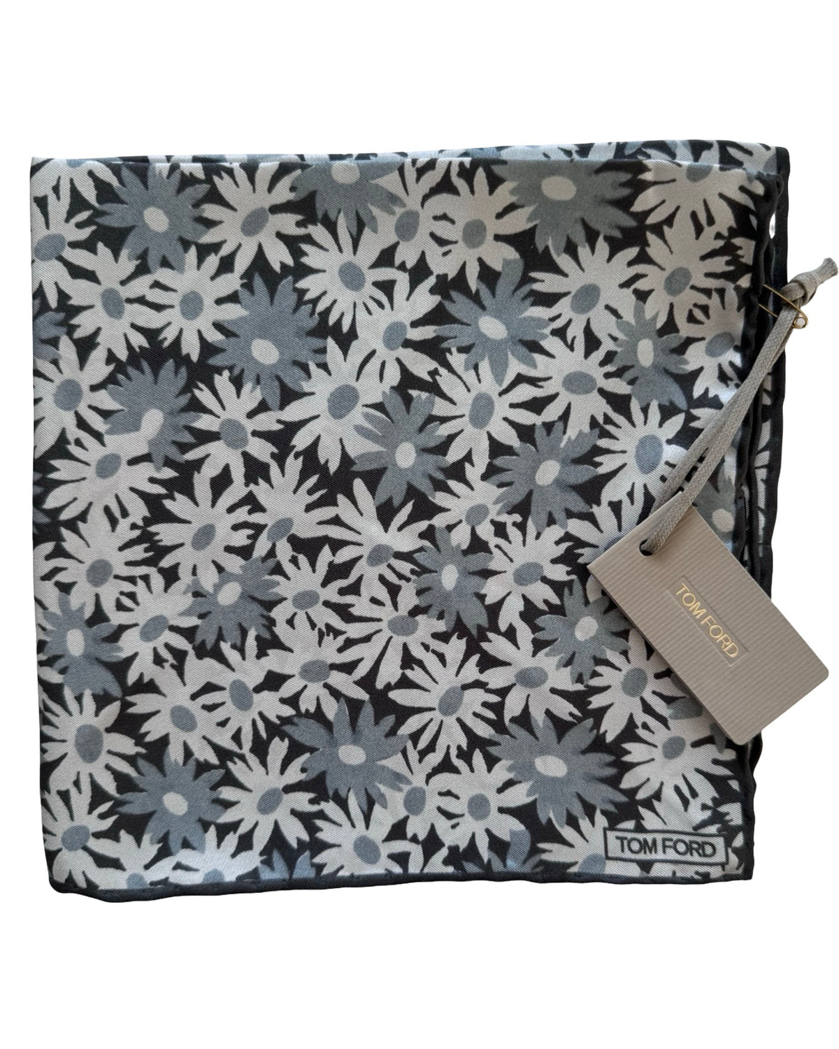 Tom Ford Silk Pocket Square Gray Daisy Floral Print