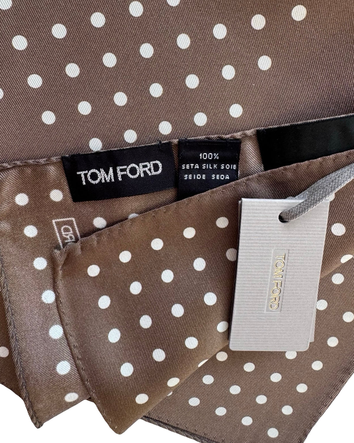 Tom Ford Silk Pocket Square Brown White Polka Dot