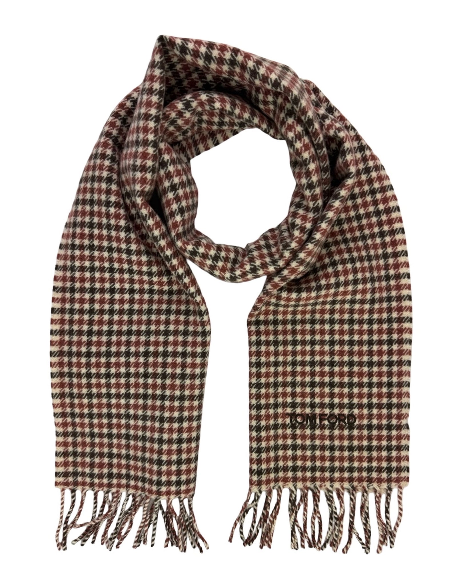 Tom Ford Scarf Maroon Houndstooth Check - Wool Cashmere New