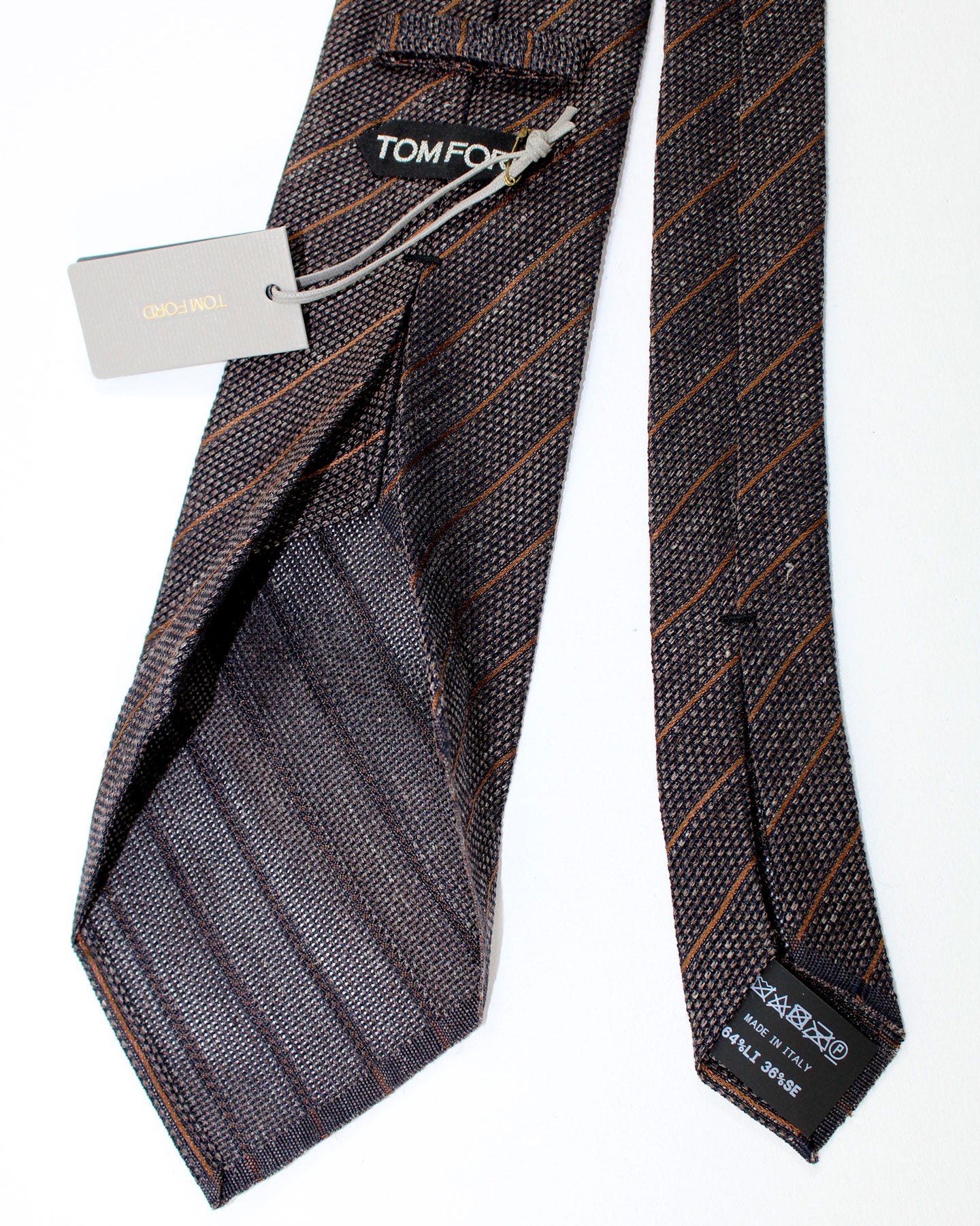 Tom Ford Linen Silk Tie Charcoal Brown Stripes - Wide Necktie