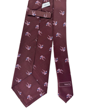 Valextra Silk Tie Brown With Pink Flamingo Motifs - Wide Necktie