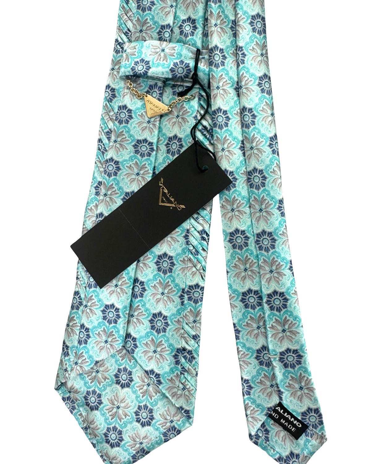 Vitaliano Pancaldi Pleated Silk Tie Aqua White Taupe Navy