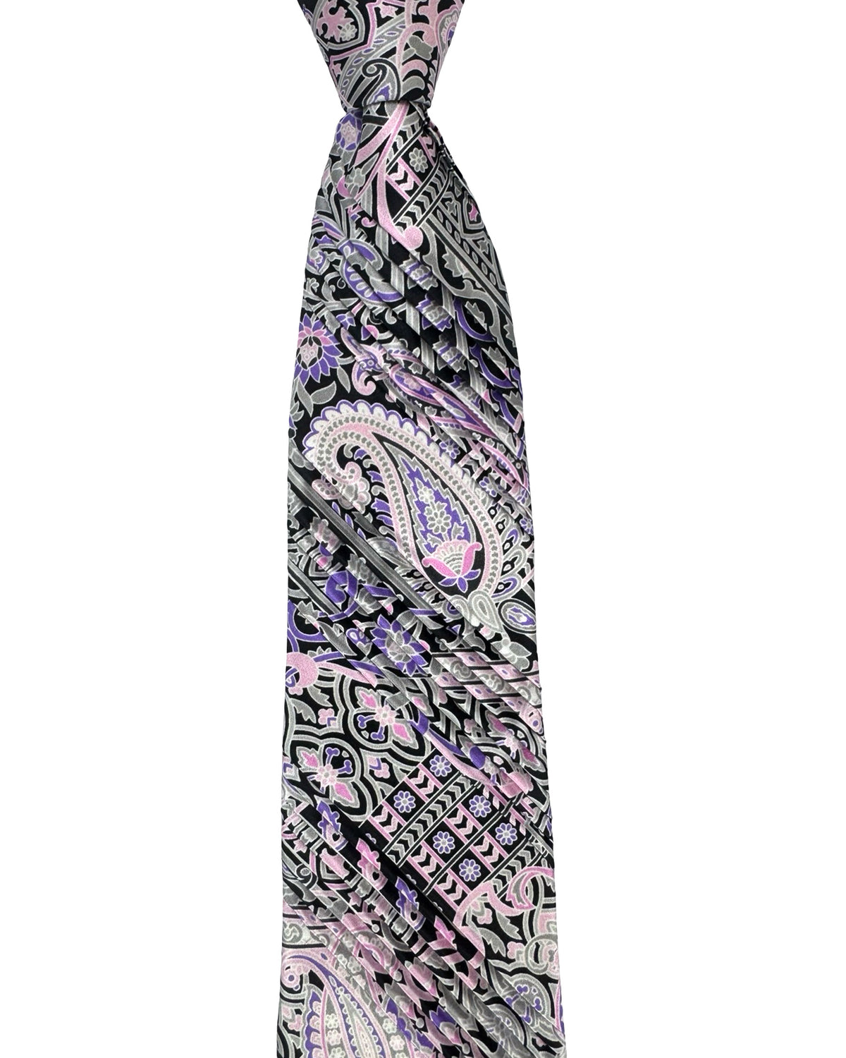 Vitaliano Pancaldi Pleated Silk Tie Gray Pink Purple Paisley