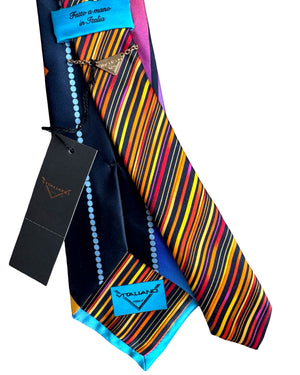 Vitaliano Pancaldi Silk Tie Black Rainbow Colored Swirls