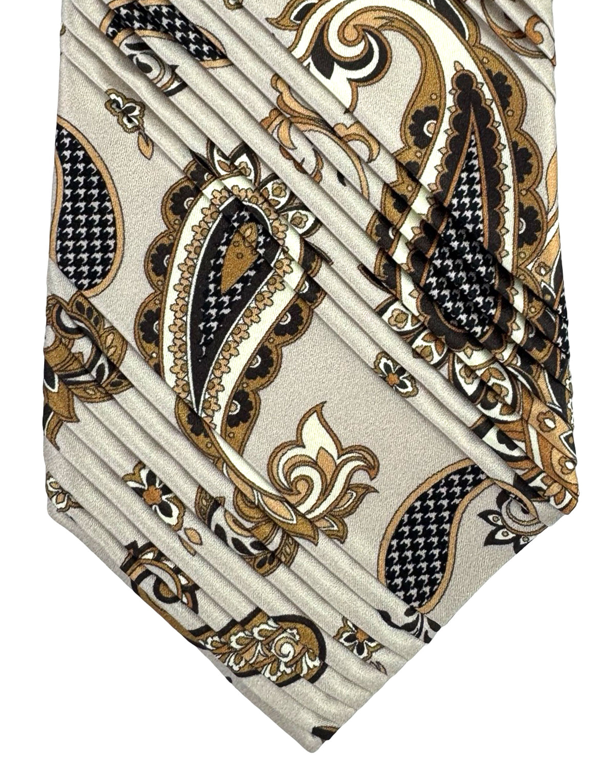 Vitaliano Pancaldi Pleated Silk Tie Gray Brown Paisley