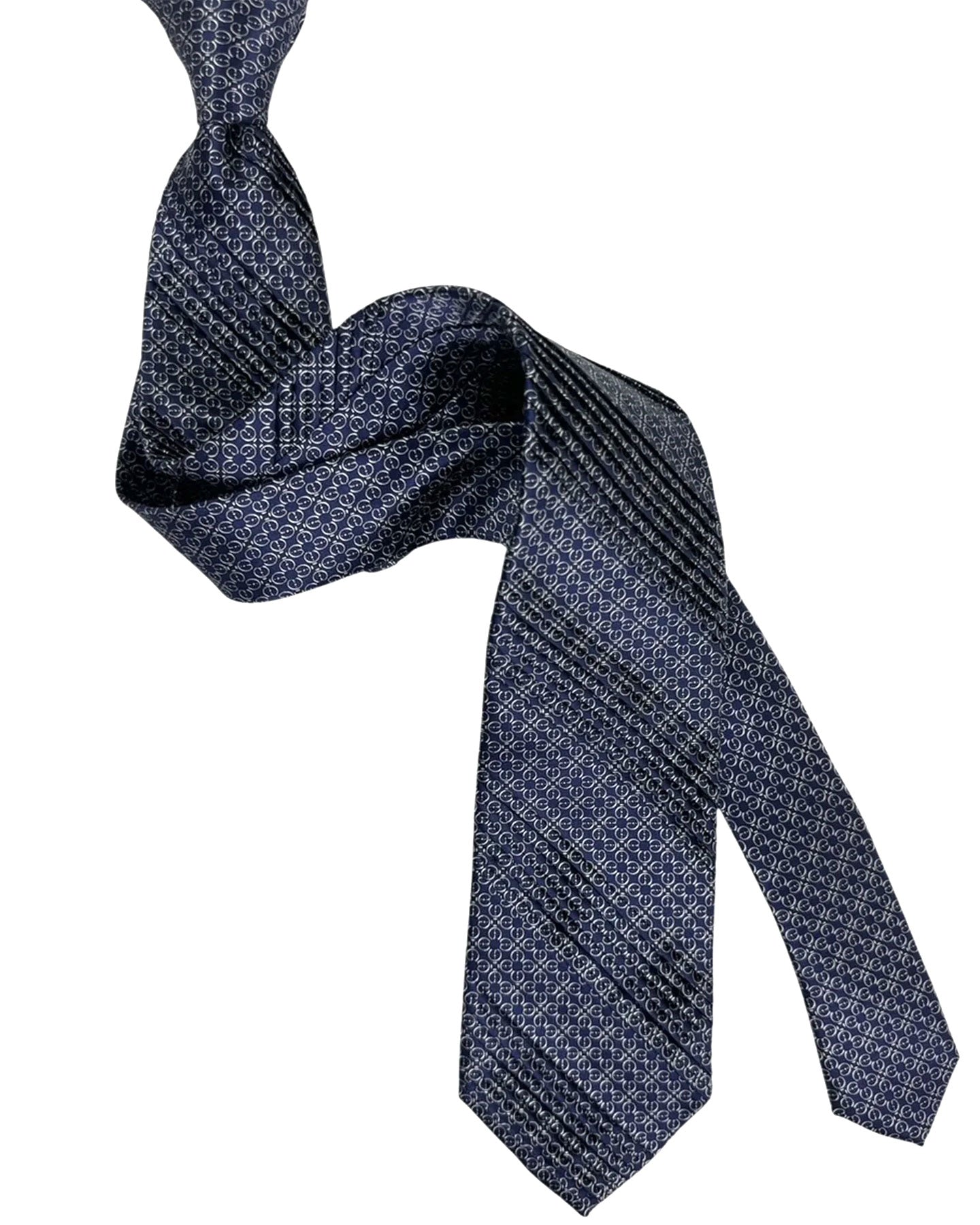Vitaliano Pancaldi Pleated Silk Tie Dark Blue Silver Design