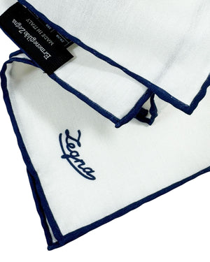 New Zegna Pocket Square White With Navy Trim