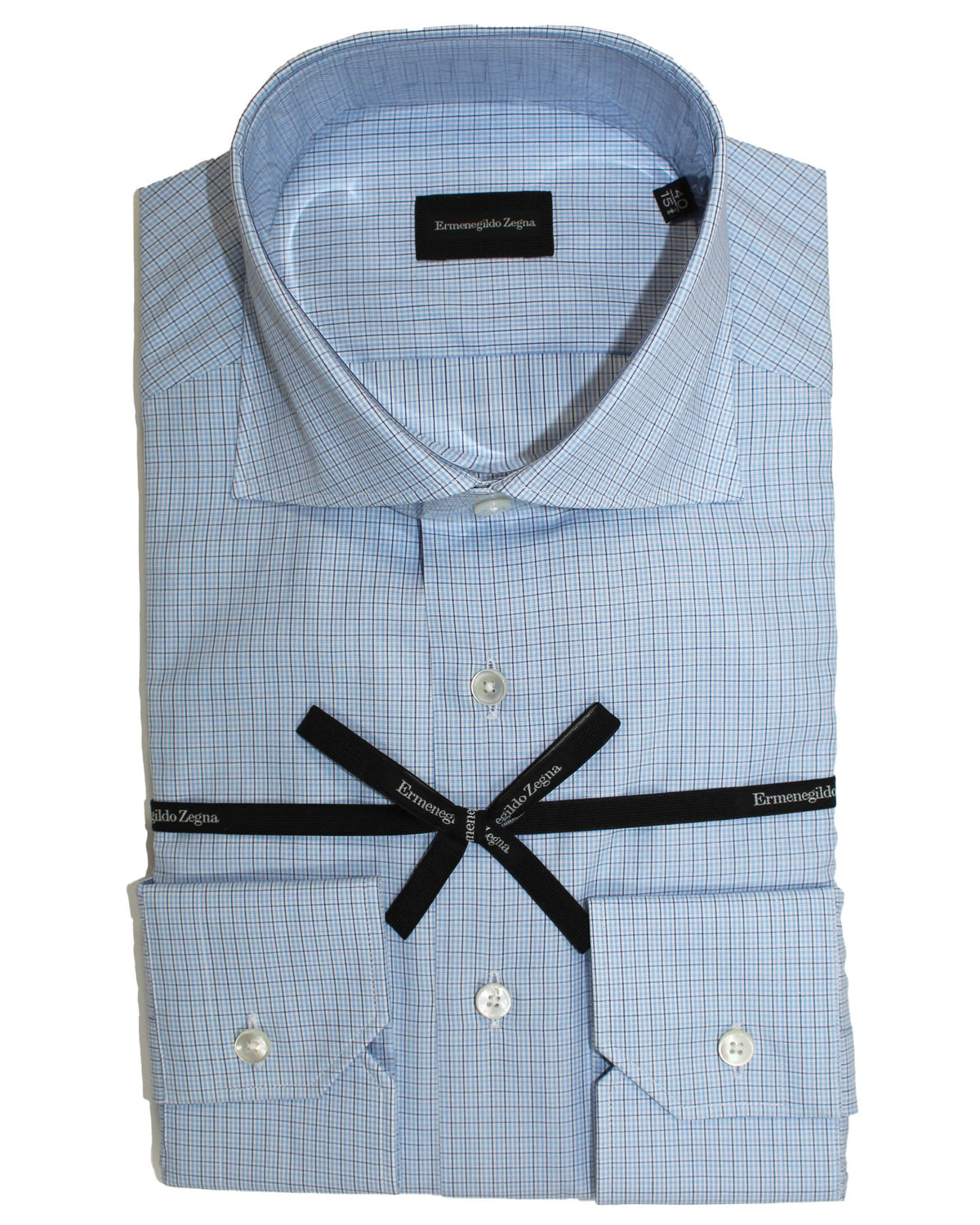 Zegna Dress Shirt White Blue Black Check 