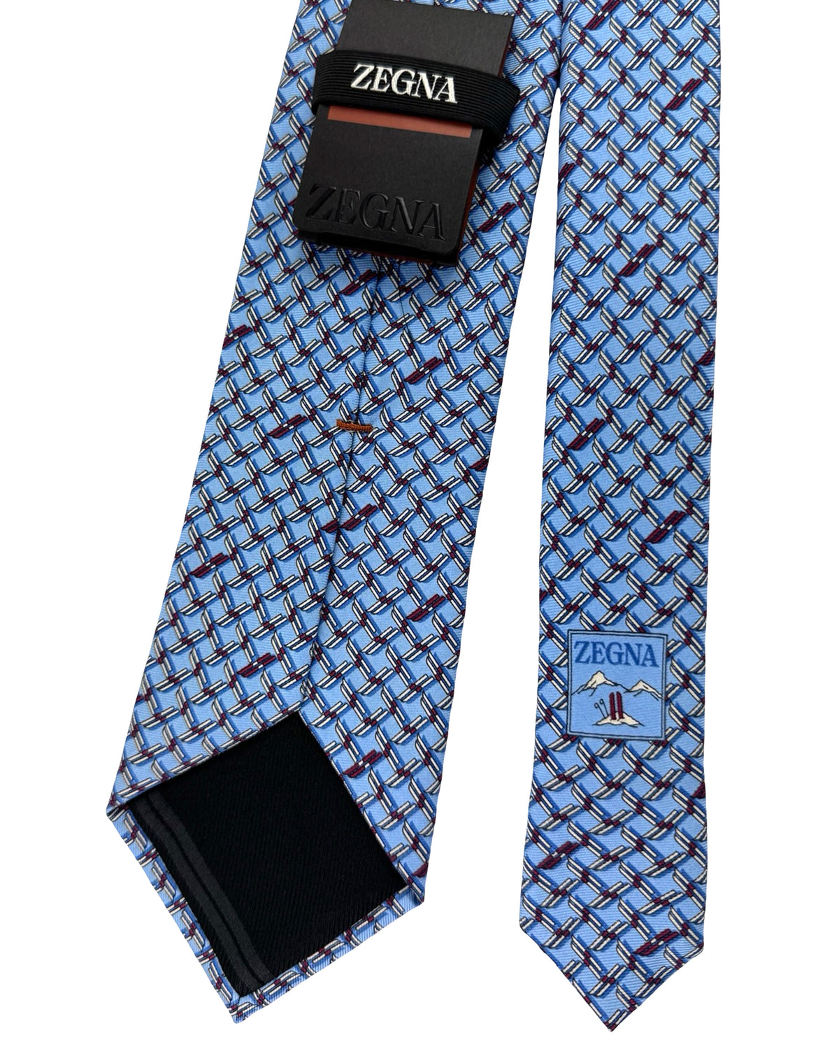 New Zegna Silk Tie Sky Blue Skis Novelty Design