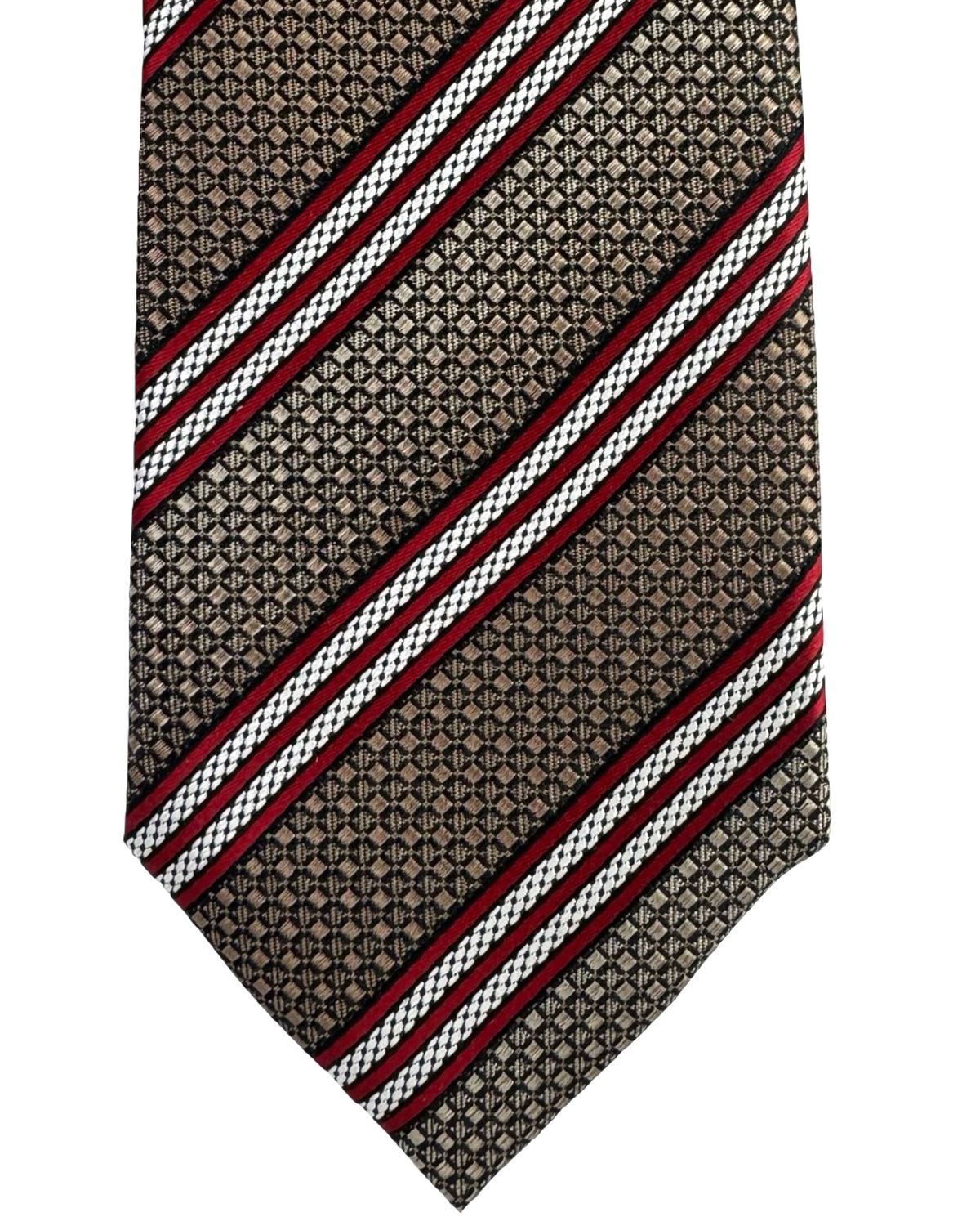 Ermenegildo Zegna Tie Taupe Bordeaux Silver Striped Design - Narrow Cut