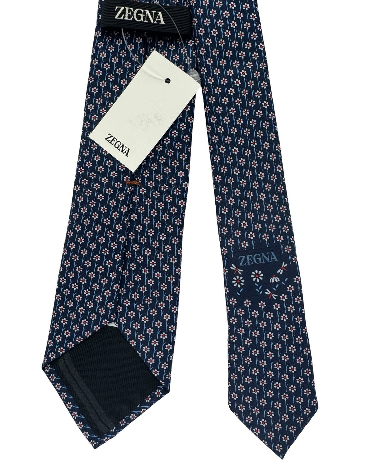 Ermenegildo Zegna Silk Tie Navy Blue Red White Floral Pattern