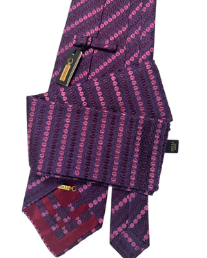 Zilli Silk Tie & Matching Pocket Square Set Purple Geometric Stripe SALE