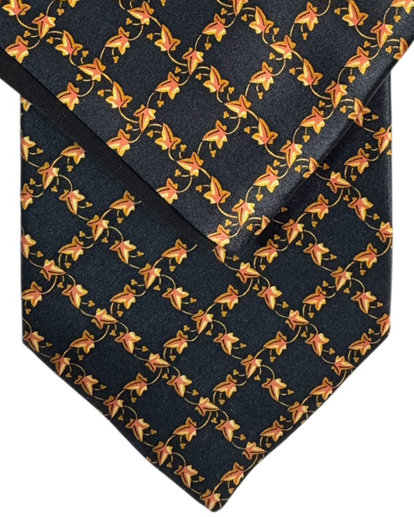 Zilli Silk Tie & Matching Pocket Square Set Black Gold Leafs FINAL SALE