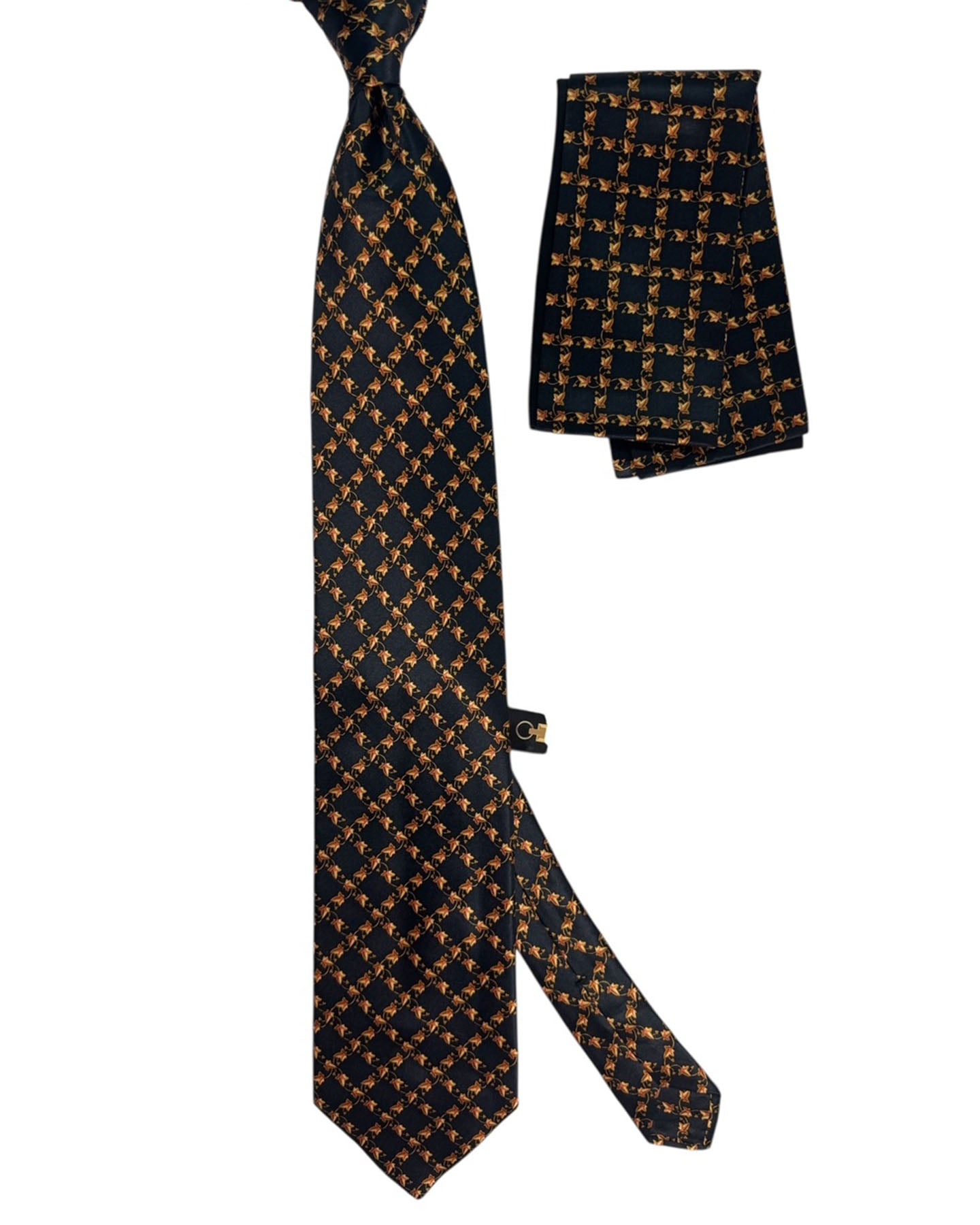 Zilli Silk Tie & Matching Pocket Square Set Black Gold Leafs FINAL SALE