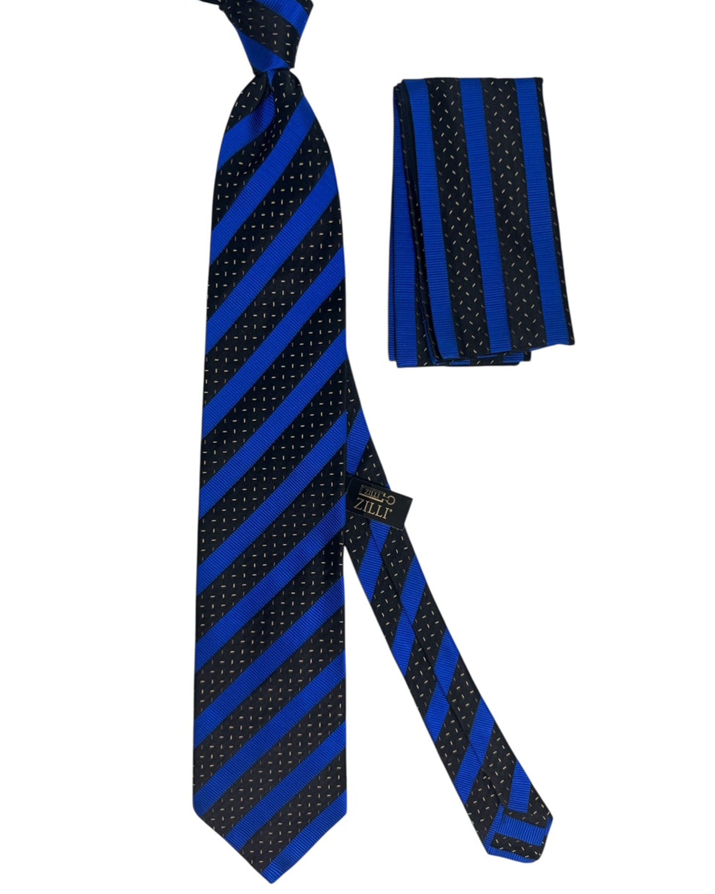 Zilli Silk Tie & Matching Pocket Square Set Black Blue Stripes SALE