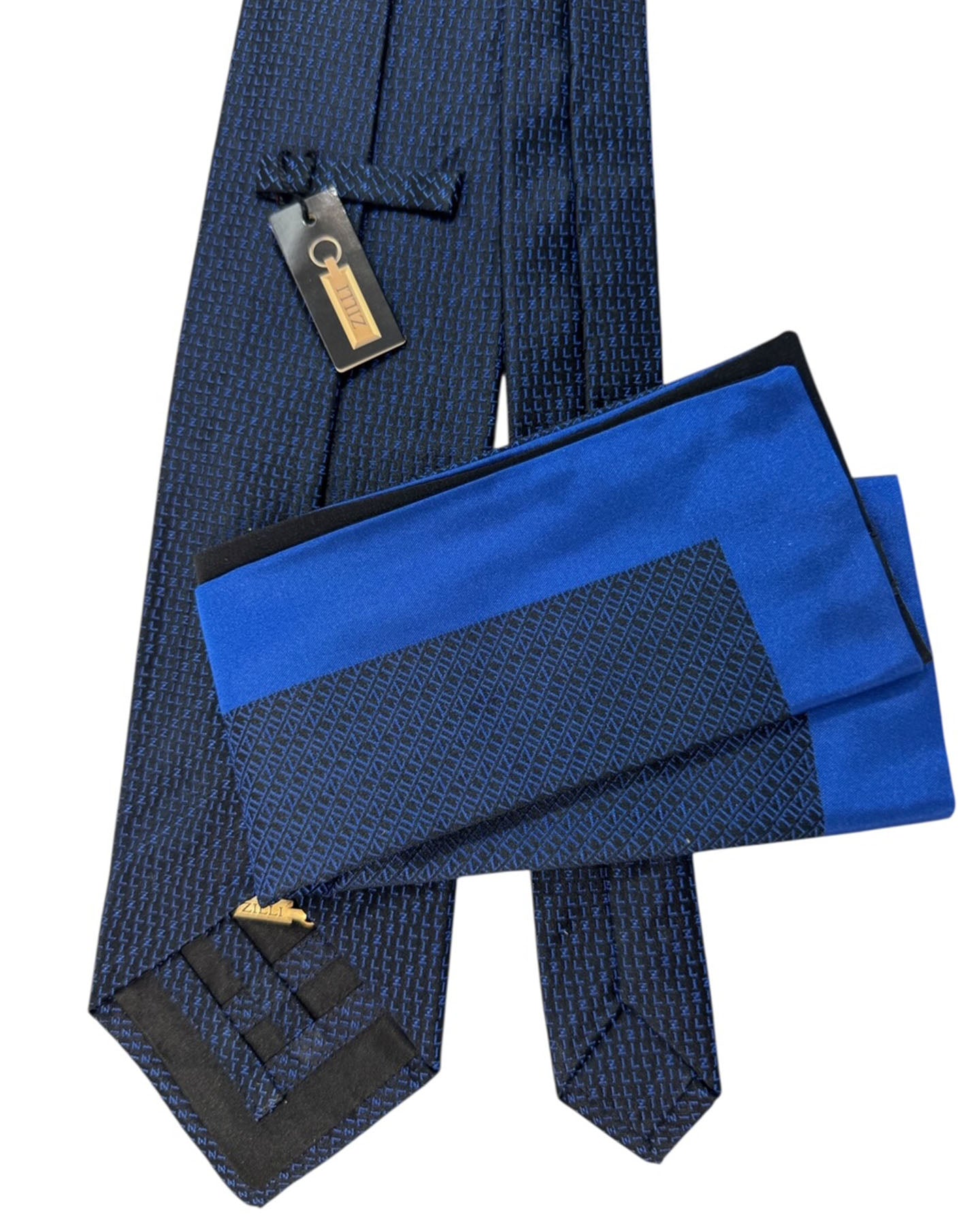 Zilli Silk Tie & Matching Pocket Square Set Royal Blue Logo