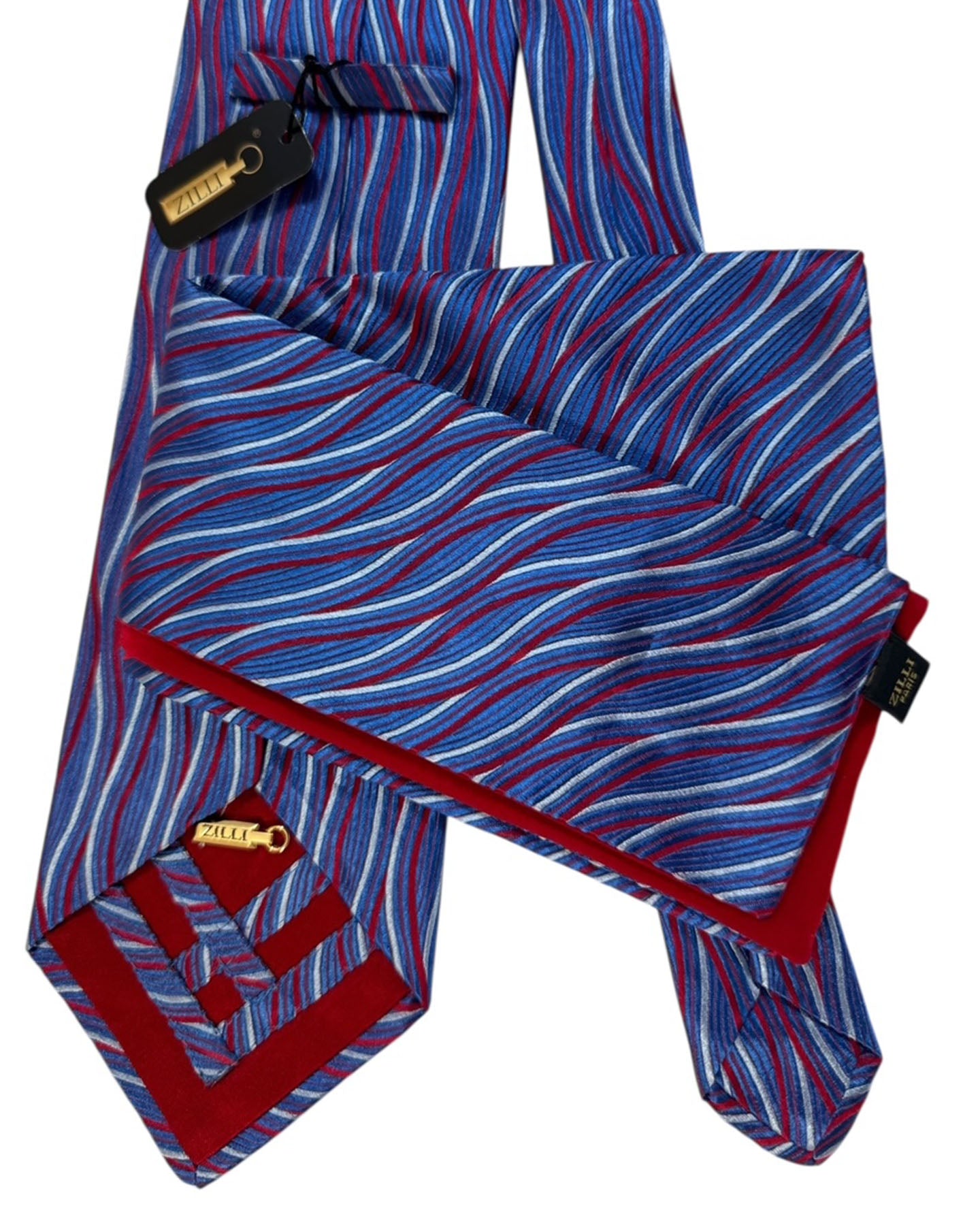 Zilli Silk Tie & Matching Pocket Square Set Midnight Blue And Red Swirl