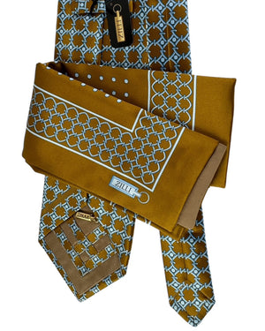 Zilli Silk Tie & Matching Pocket Square Set Gold And Blue Interlock Pattern