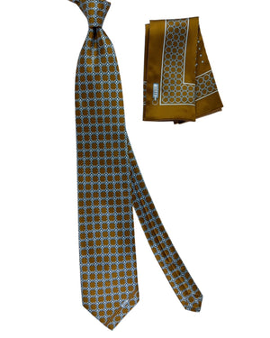 Zilli Silk Tie & Matching Pocket Square Set Gold And Blue Interlock Pattern SALE