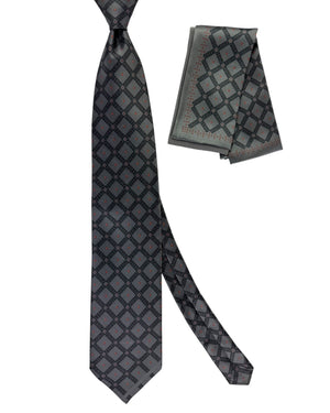 Zilli Silk Tie & Matching Pocket Square Set Charcoal Gray Logo Design