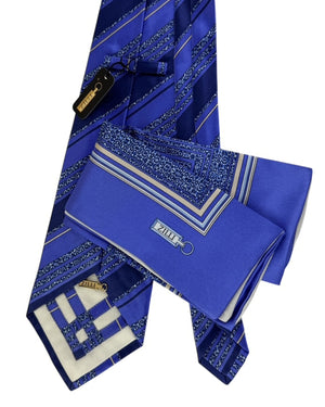 Zilli Silk Tie & Matching Pocket Square Set Royal Blue And Navy Striped