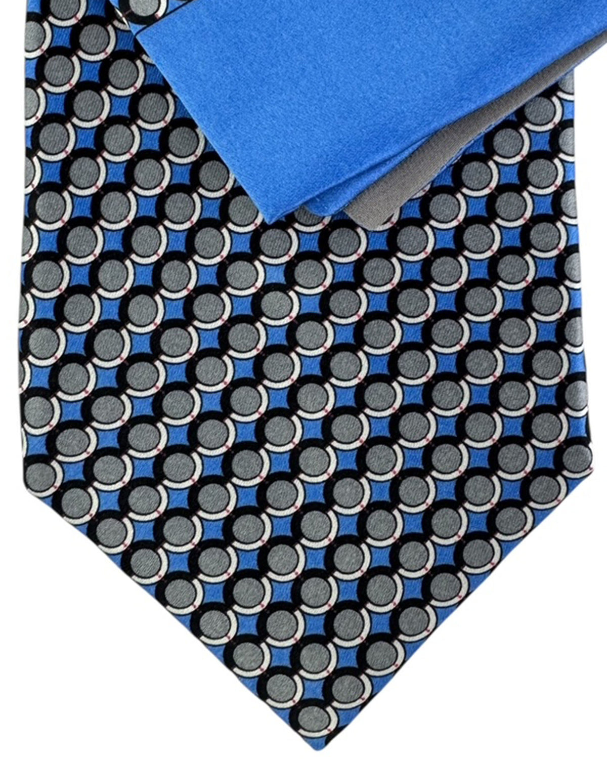 Zilli Silk Tie & Matching Pocket Square Set Dark Blue And Gray Circles