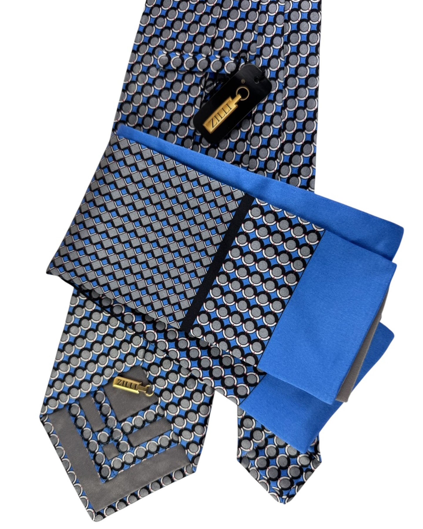 Zilli Silk Tie & Matching Pocket Square Set Dark Blue And Gray Circles